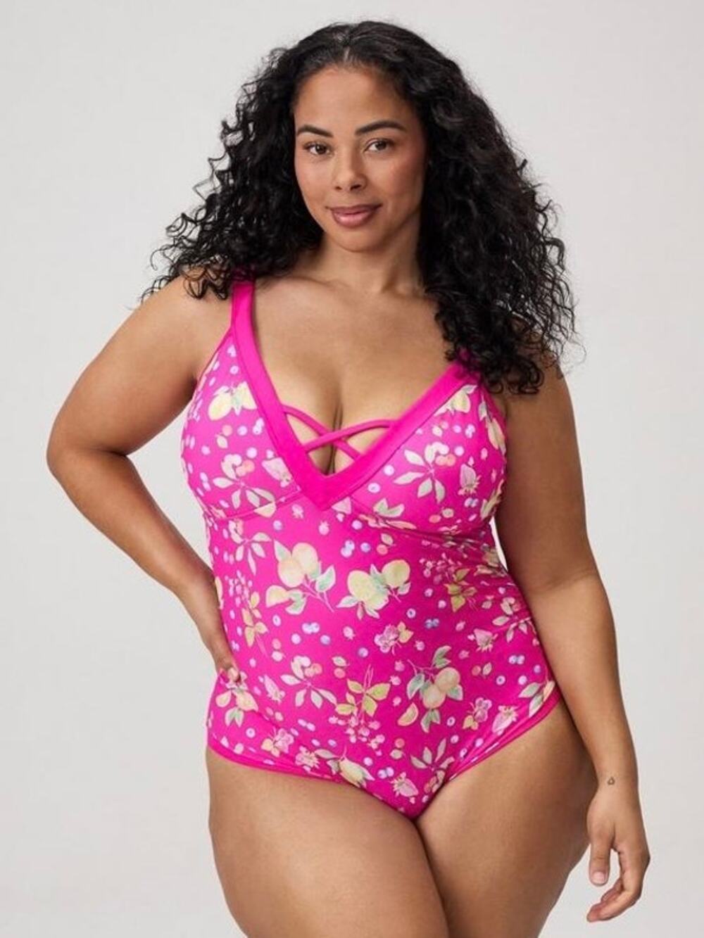 Torrid Fruit Basket Pink Wire Free V Plunge Cheeky One Piece Swimsuit Sz.2 NWT